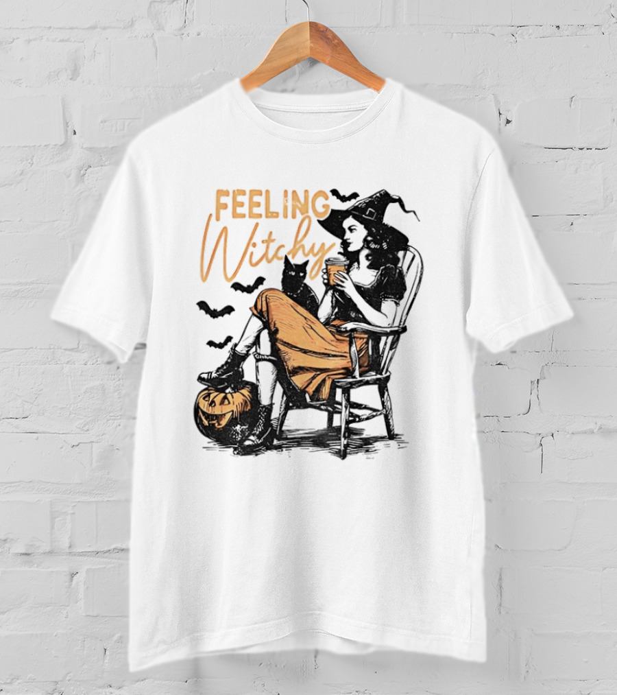 Feeling Witchy Witch With Pumpkin And Bats Halloween Vibes T-Shirt