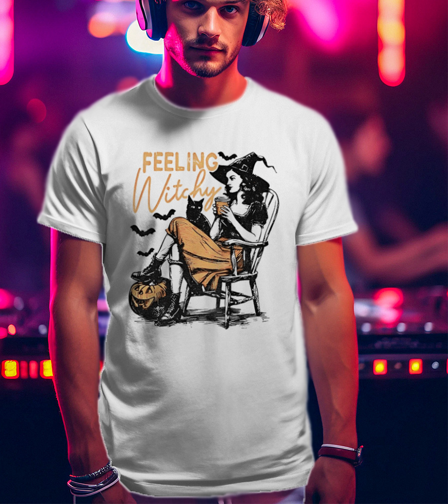 Feeling Witchy Witch With Pumpkin And Bats Halloween Vibes T-Shirt