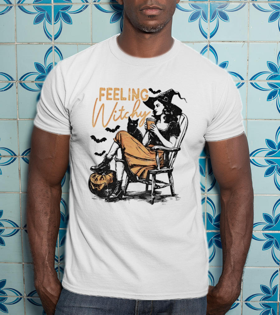 Feeling Witchy Witch With Pumpkin And Bats Halloween Vibes T-Shirt
