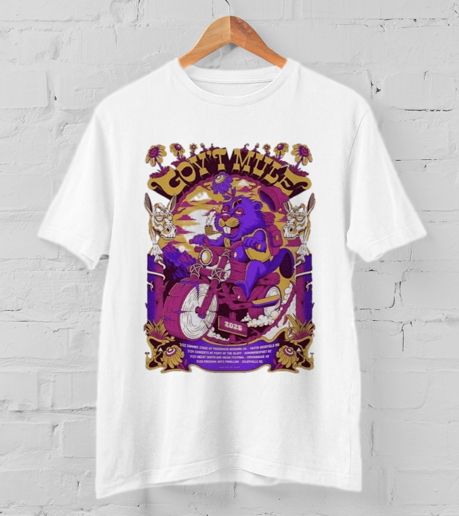 Gov't Mule Summer Tour 2026 Psychedelic Bear Riding Motorcycle Concert Dates And Locations T-Shirt