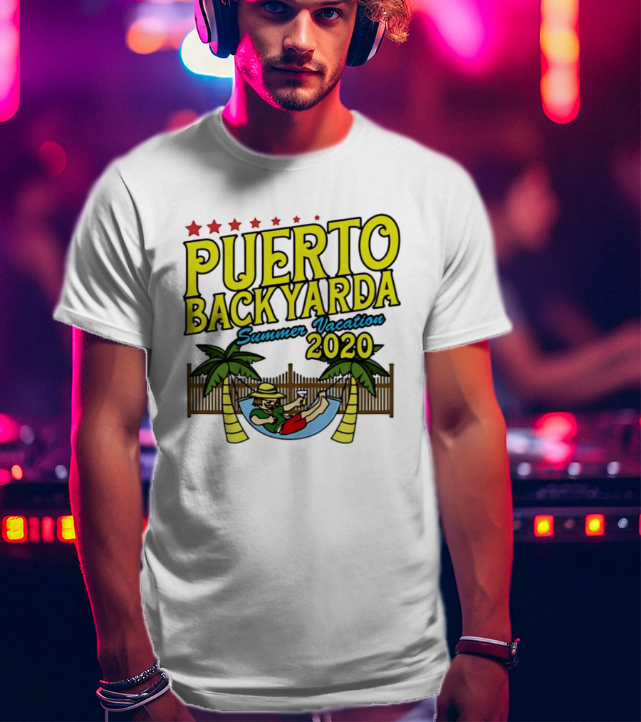Puerto Backyarda Summer Vacation 2020 Relaxing Hammock Palm Trees Retro Cartoon T-Shirt
