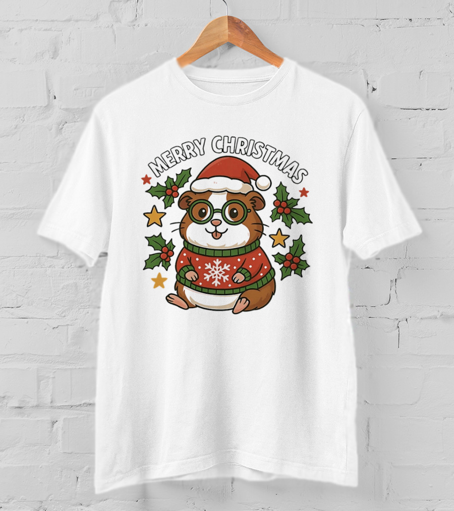 Merry Christmas Santa Guinea Pig In Holiday Sweater With Holly And Stars T-Shirt