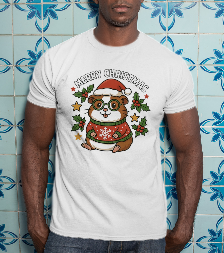 Merry Christmas Santa Guinea Pig In Holiday Sweater With Holly And Stars T-Shirt