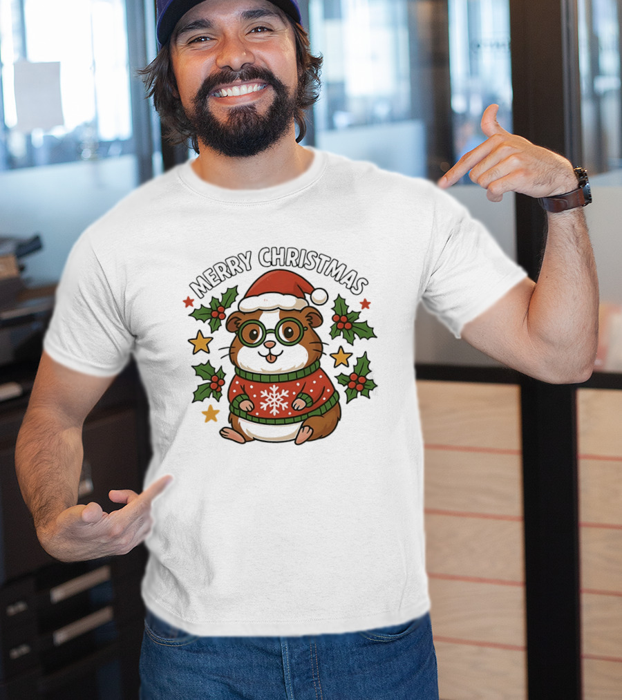 Merry Christmas Santa Guinea Pig In Holiday Sweater With Holly And Stars T-Shirt