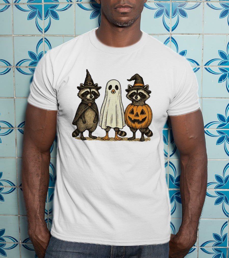 Spooky Boo Ghost Raccoon Pumpkin Raccoon Witch Hat Happy Halloween 2025 T-Shirt