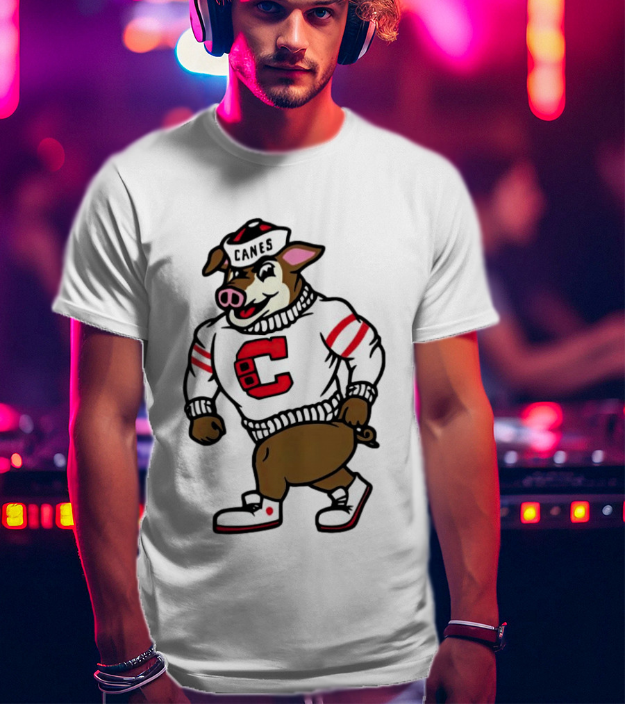 Canes Mascot Pig In Red And White Sweater With Stripes T-Shirt