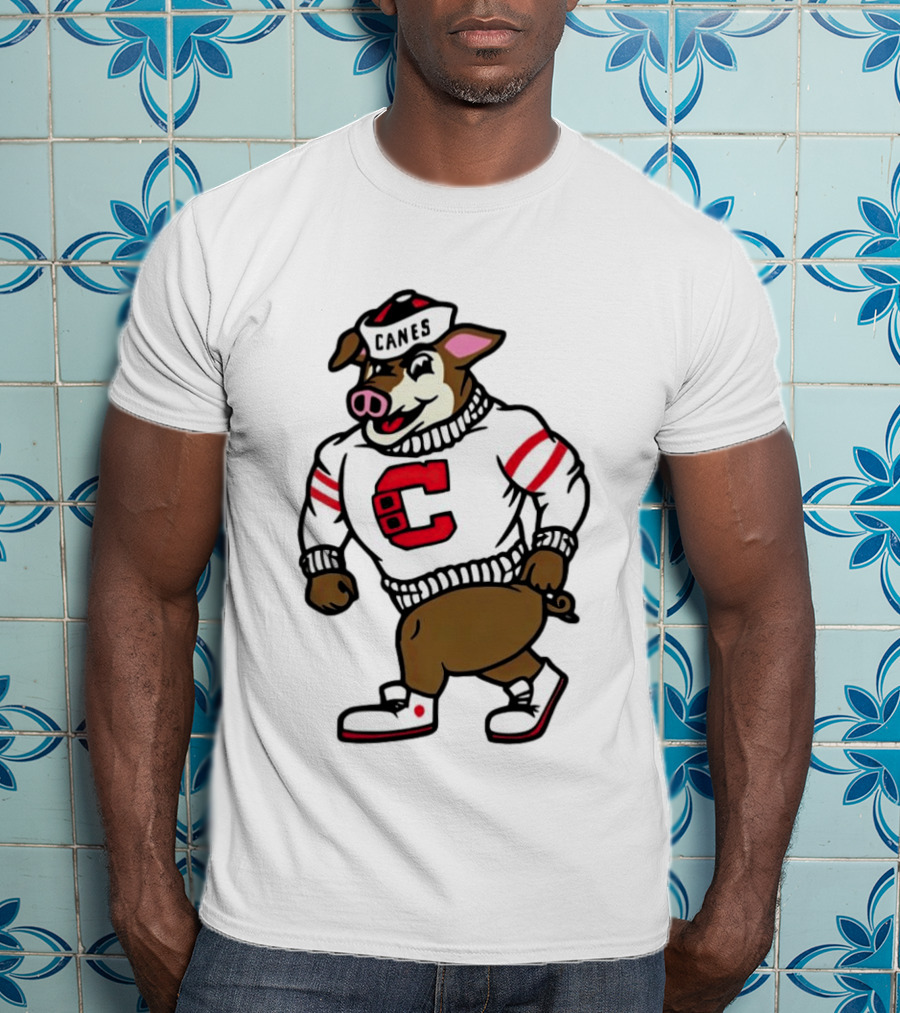 Canes Mascot Pig In Red And White Sweater With Stripes T-Shirt