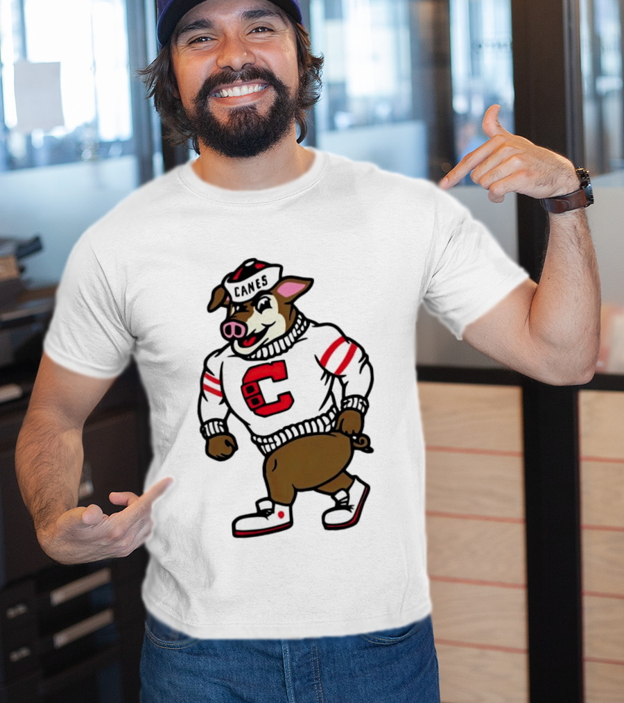 Canes Mascot Pig In Red And White Sweater With Stripes T-Shirt