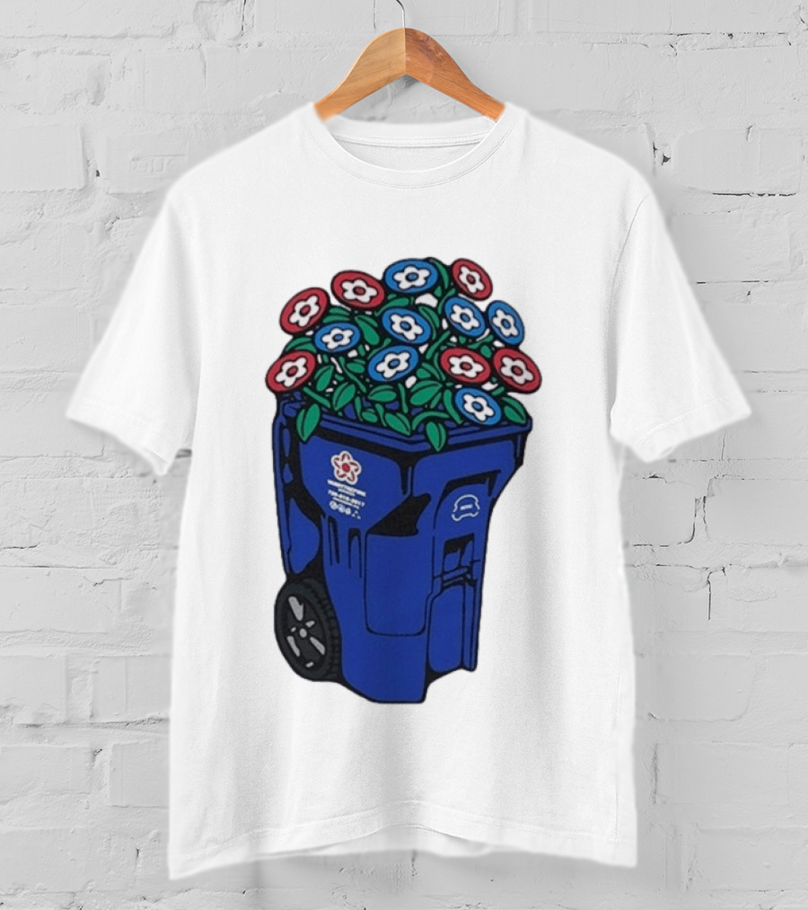 Vandy The Pink Trash Can Blue Recycling Bin Flowers T-Shirt
