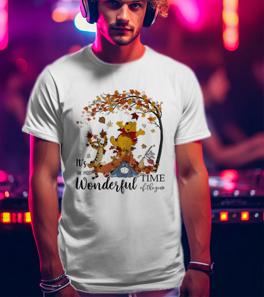 Winnie The Pooh It's The Most Wonderful Time Of The Year Happy Fall Autumn Leaves T-Shirt