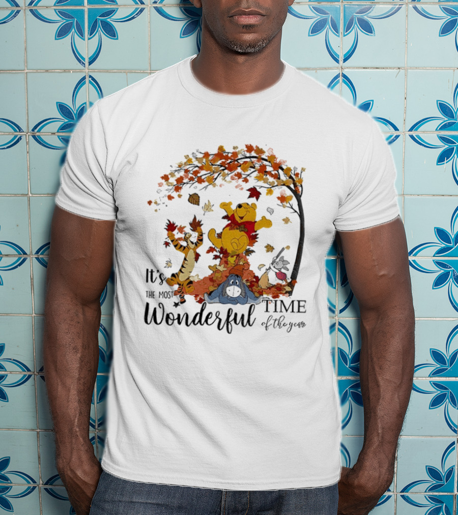 Winnie The Pooh It's The Most Wonderful Time Of The Year Happy Fall Autumn Leaves T-Shirt