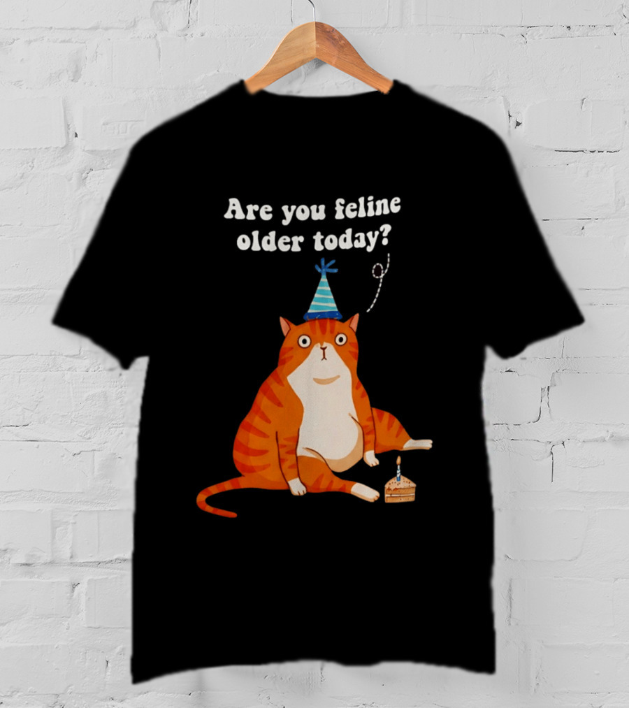 Are You Feline Older Today Birthday Cat With Party Hat And Cake T-Shirt