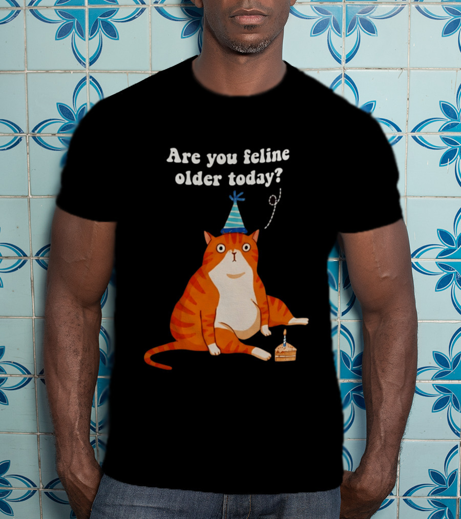 Are You Feline Older Today Birthday Cat With Party Hat And Cake T-Shirt