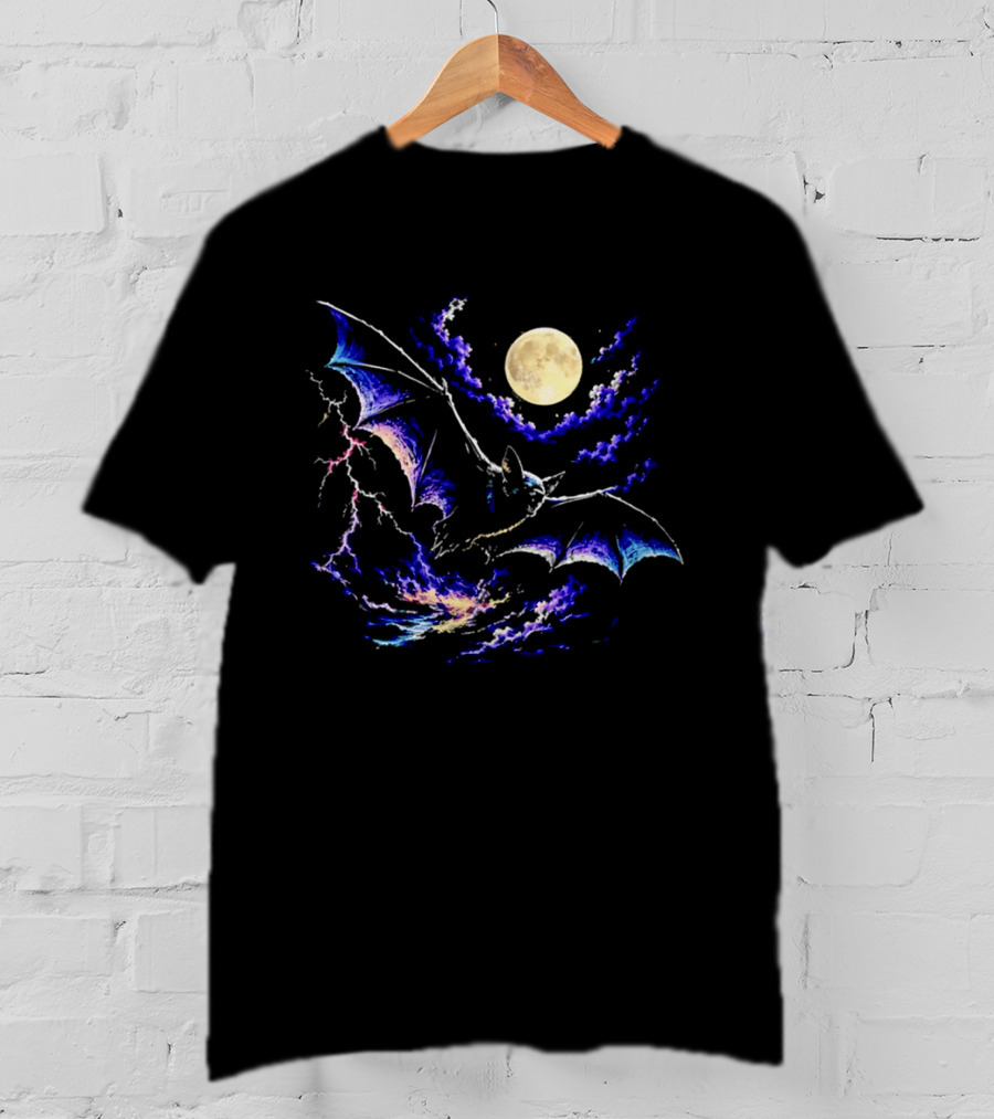 Bat Flying In Stormy Night With Full Moon Lightning And Clouds T-Shirt