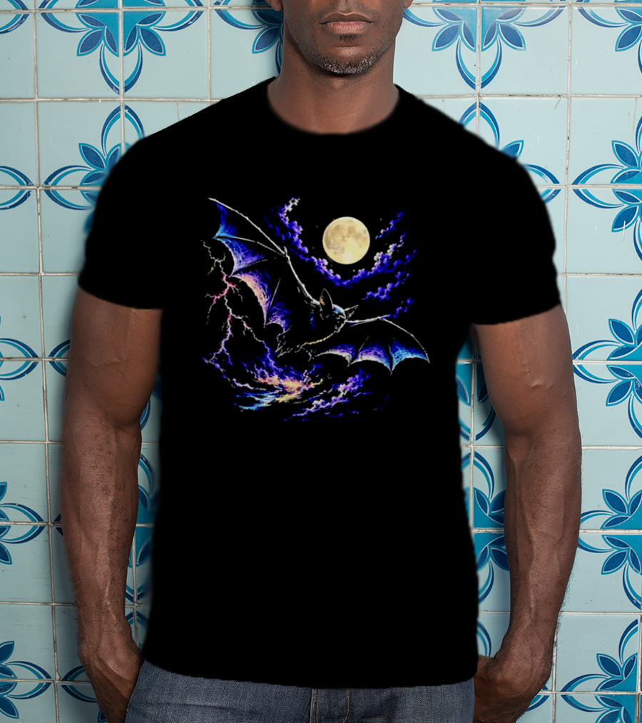 Bat Flying In Stormy Night With Full Moon Lightning And Clouds T-Shirt
