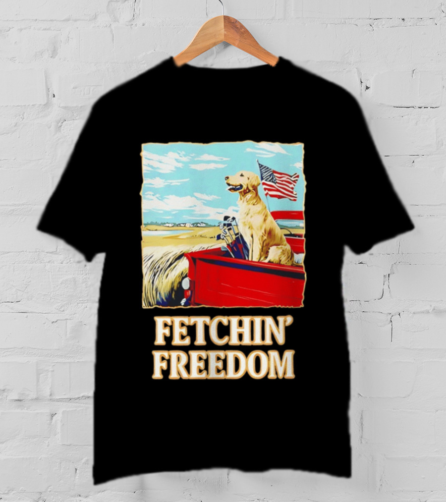 Fetching Freedom Dog And American Flag Scene T-Shirt