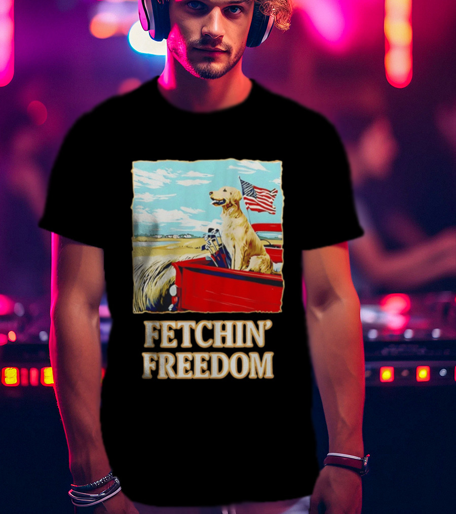 Fetching Freedom Dog And American Flag Scene T-Shirt