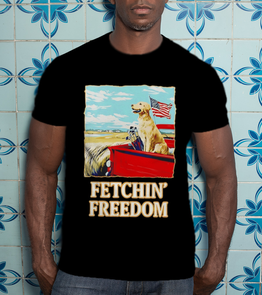 Fetching Freedom Dog And American Flag Scene T-Shirt