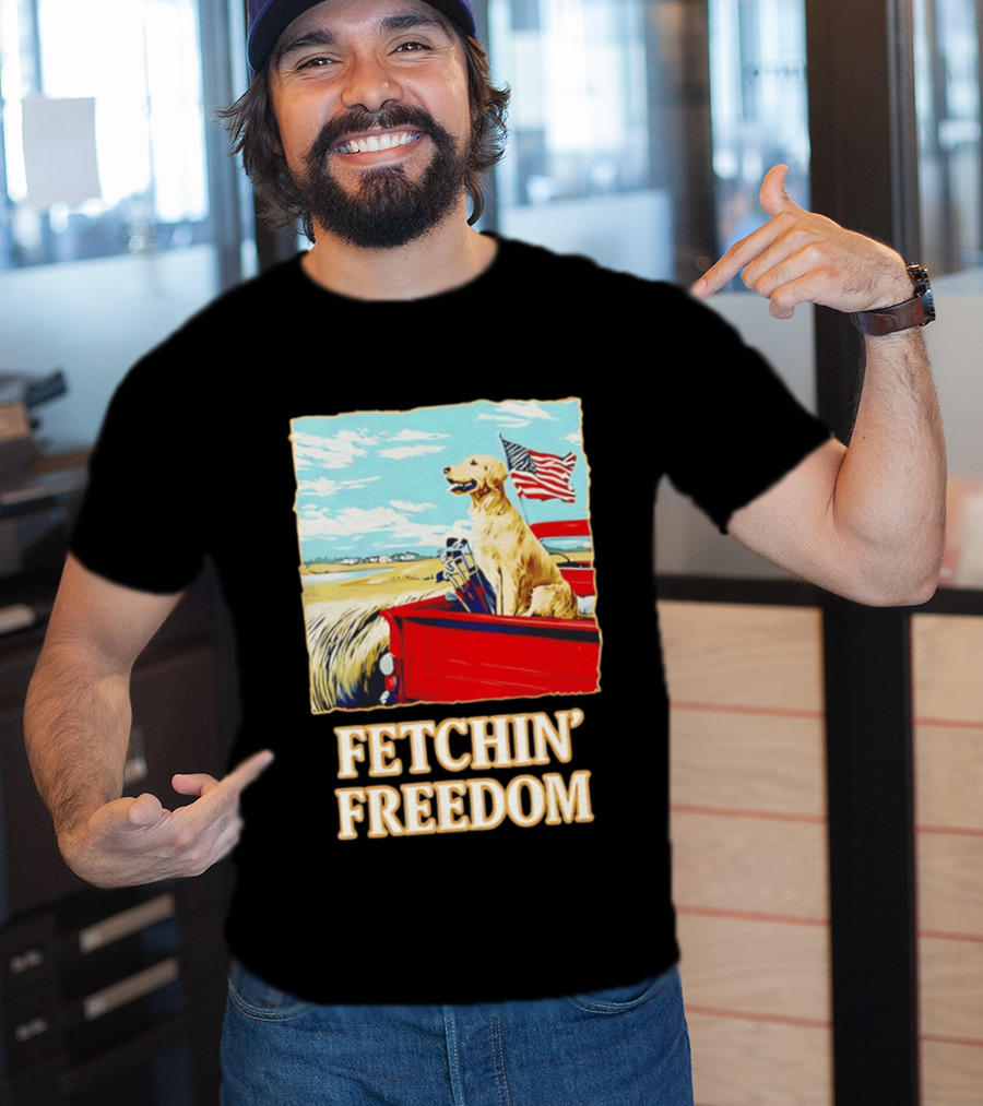 Fetching Freedom Dog And American Flag Scene T-Shirt