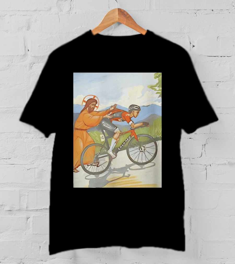 Jesus Gives Tadej Pogačar A Push Colnago Cycling T-Shirt