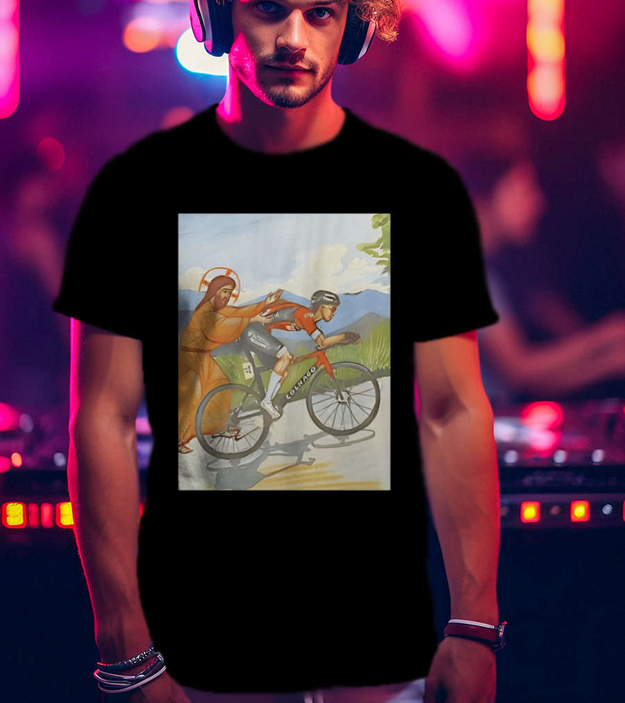 Jesus Gives Tadej Pogačar A Push Colnago Cycling T-Shirt