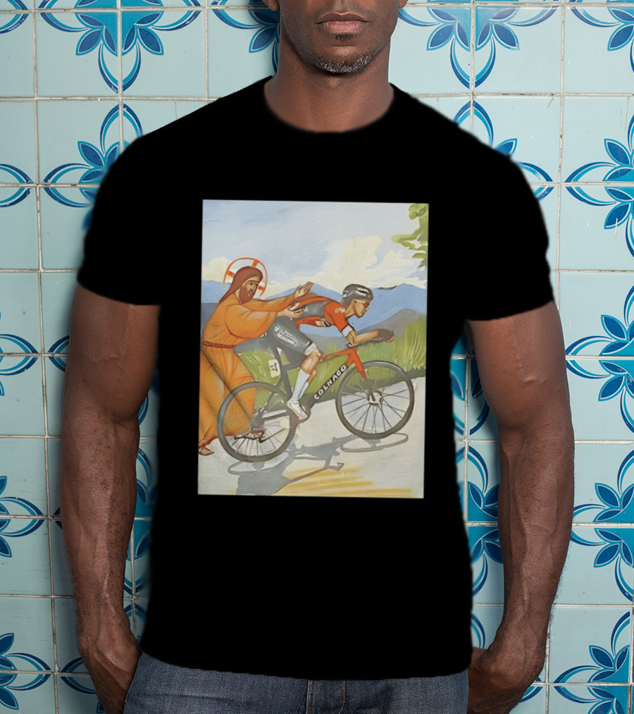 Jesus Gives Tadej Pogačar A Push Colnago Cycling T-Shirt