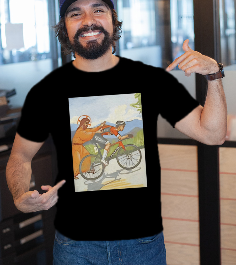 Jesus Gives Tadej Pogačar A Push Colnago Cycling T-Shirt