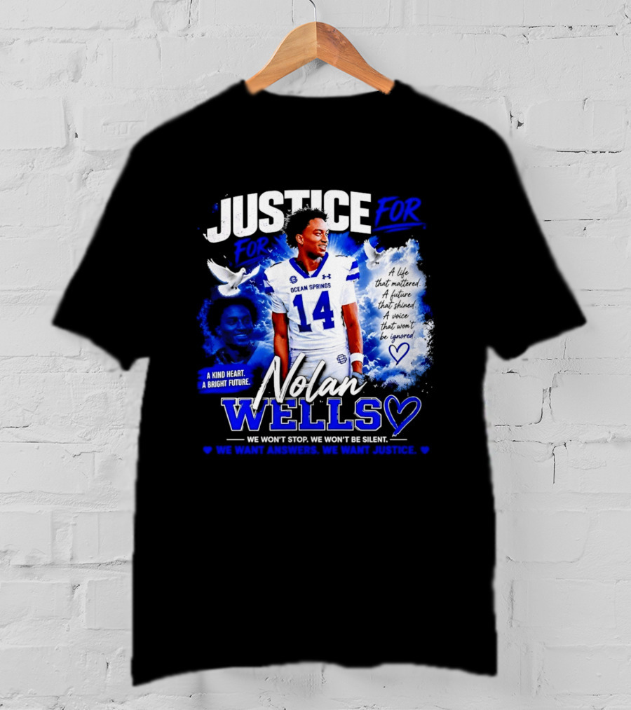 Justice For Nolan Wells Ocean Springs Football Number 14 Ignored Heart We Won't Stop Silent T-Shirt