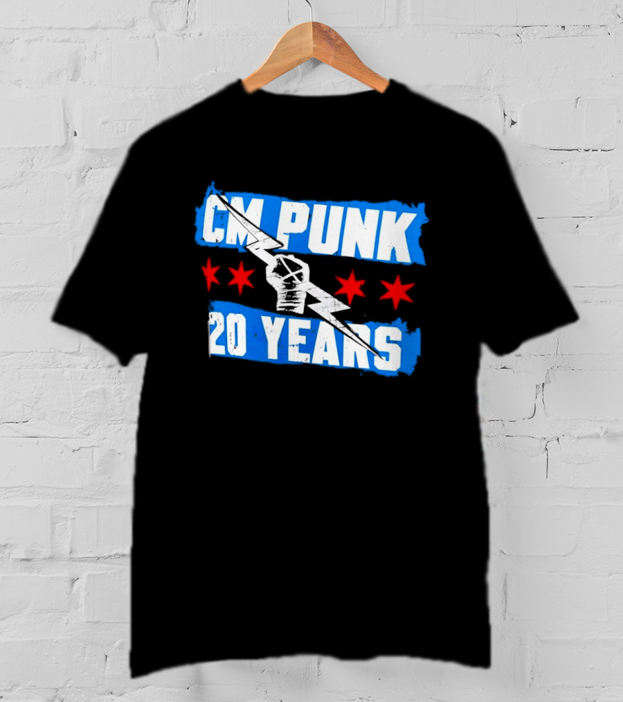 CM Punk 20 Years WWE Flag With Stars And Lightning Fist T-Shirt