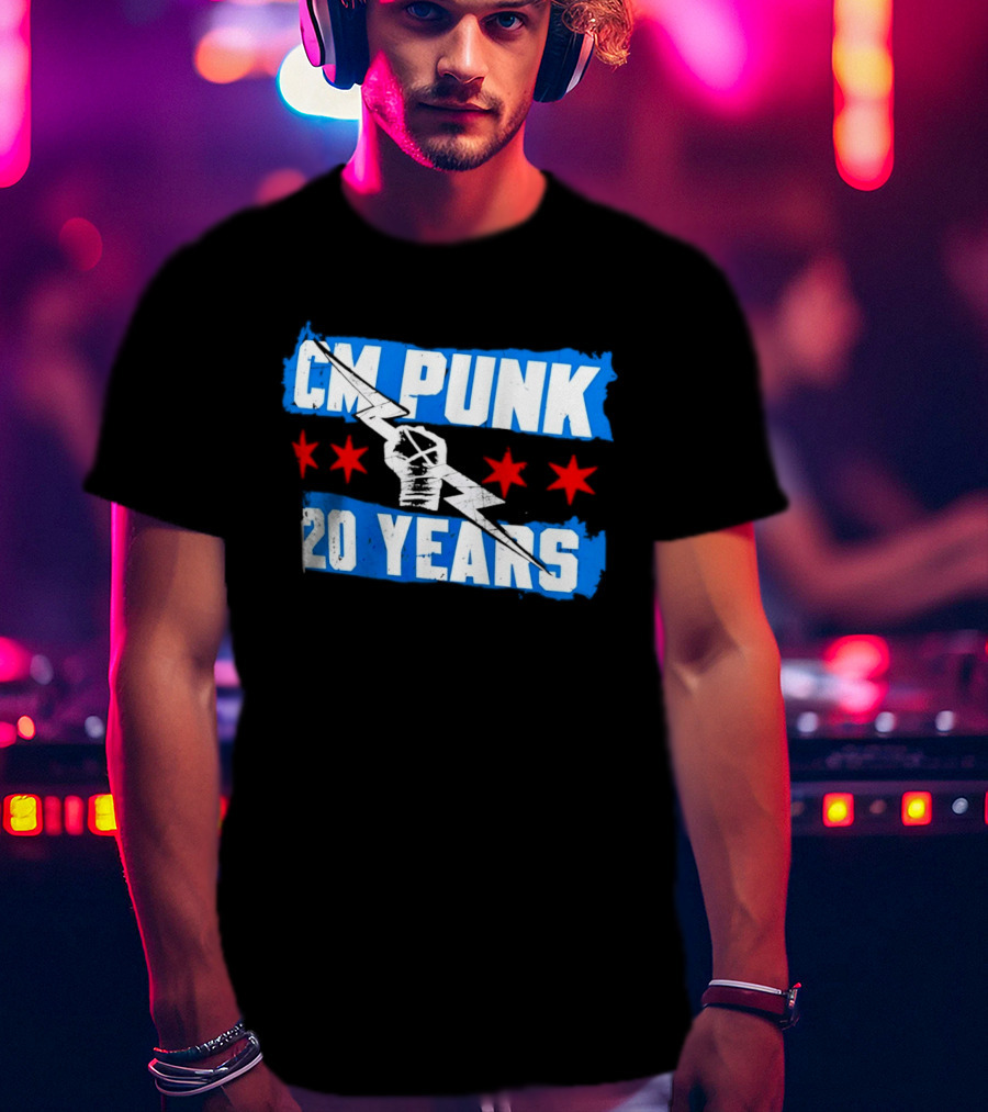 CM Punk 20 Years WWE Flag With Stars And Lightning Fist T-Shirt
