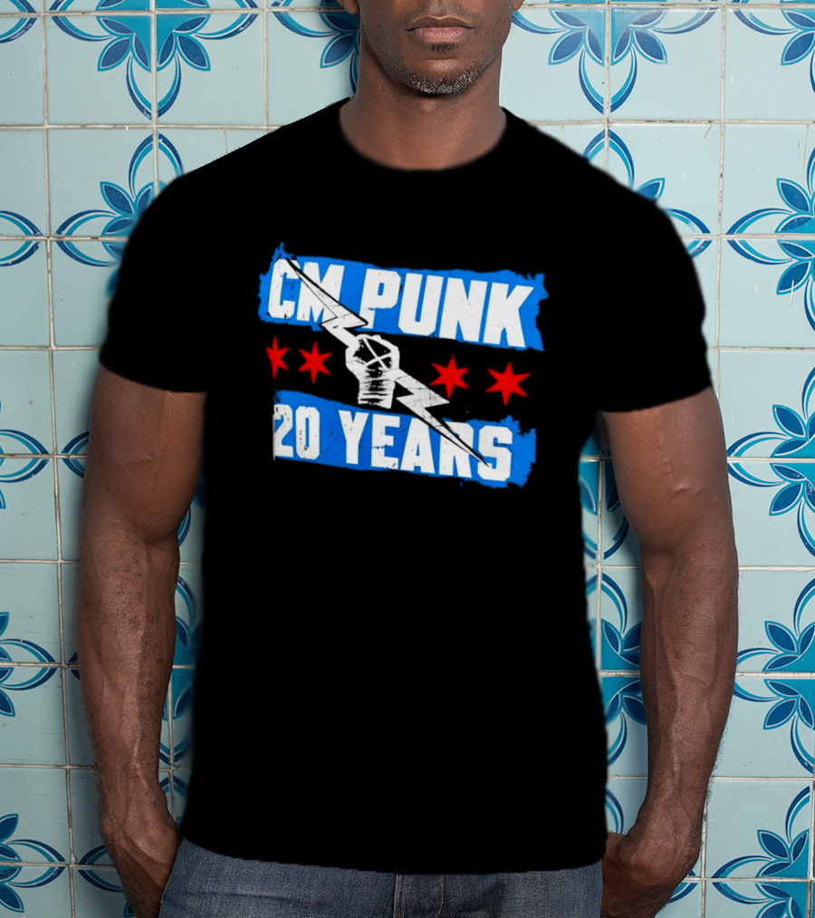 CM Punk 20 Years WWE Flag With Stars And Lightning Fist T-Shirt