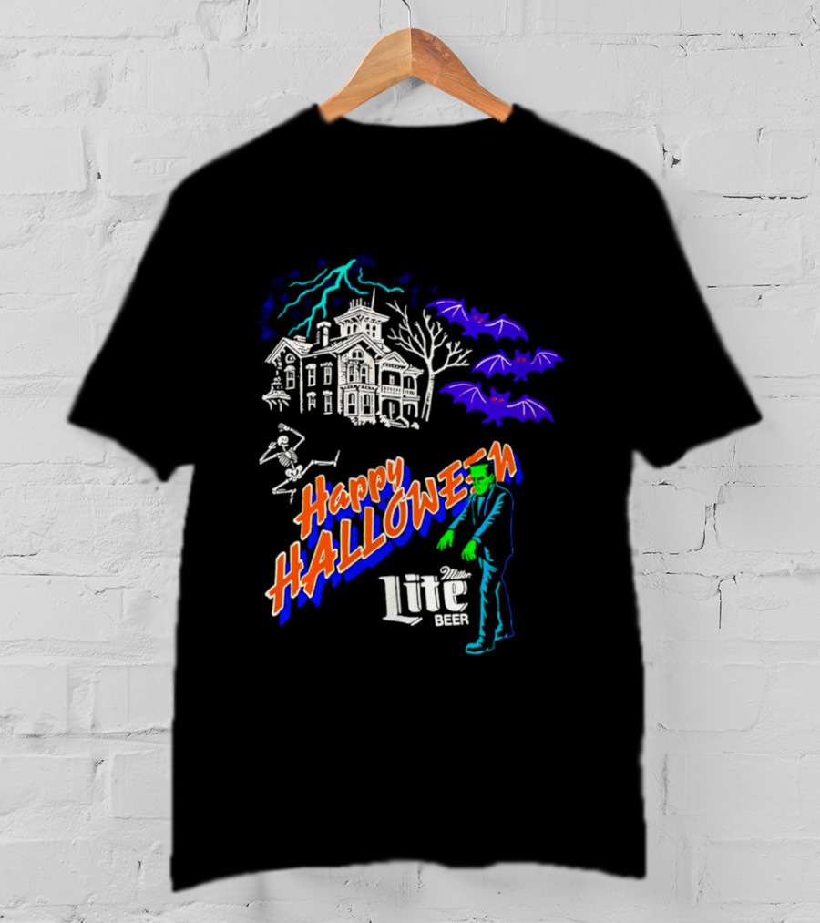 Happy Halloween Miller Lite Beer Haunted House Frankenstein Bats T-Shirt