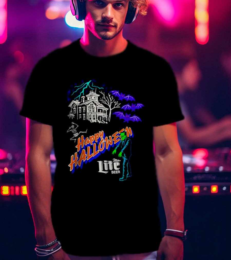 Happy Halloween Miller Lite Beer Haunted House Frankenstein Bats T-Shirt