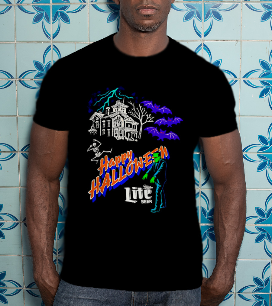 Happy Halloween Miller Lite Beer Haunted House Frankenstein Bats T-Shirt