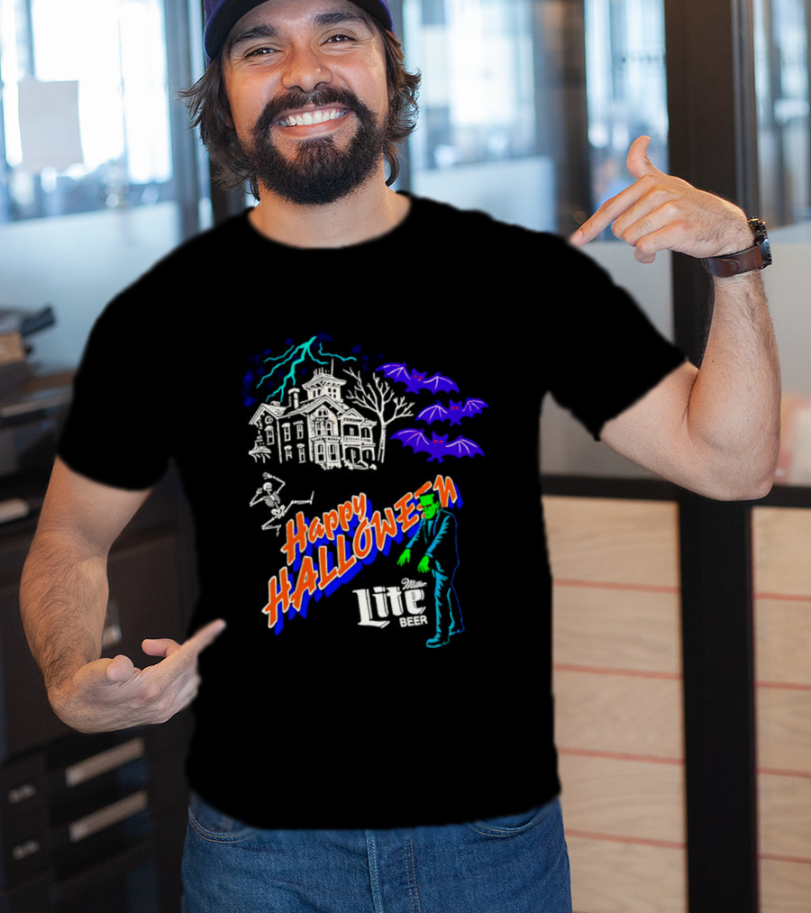 Happy Halloween Miller Lite Beer Haunted House Frankenstein Bats T-Shirt