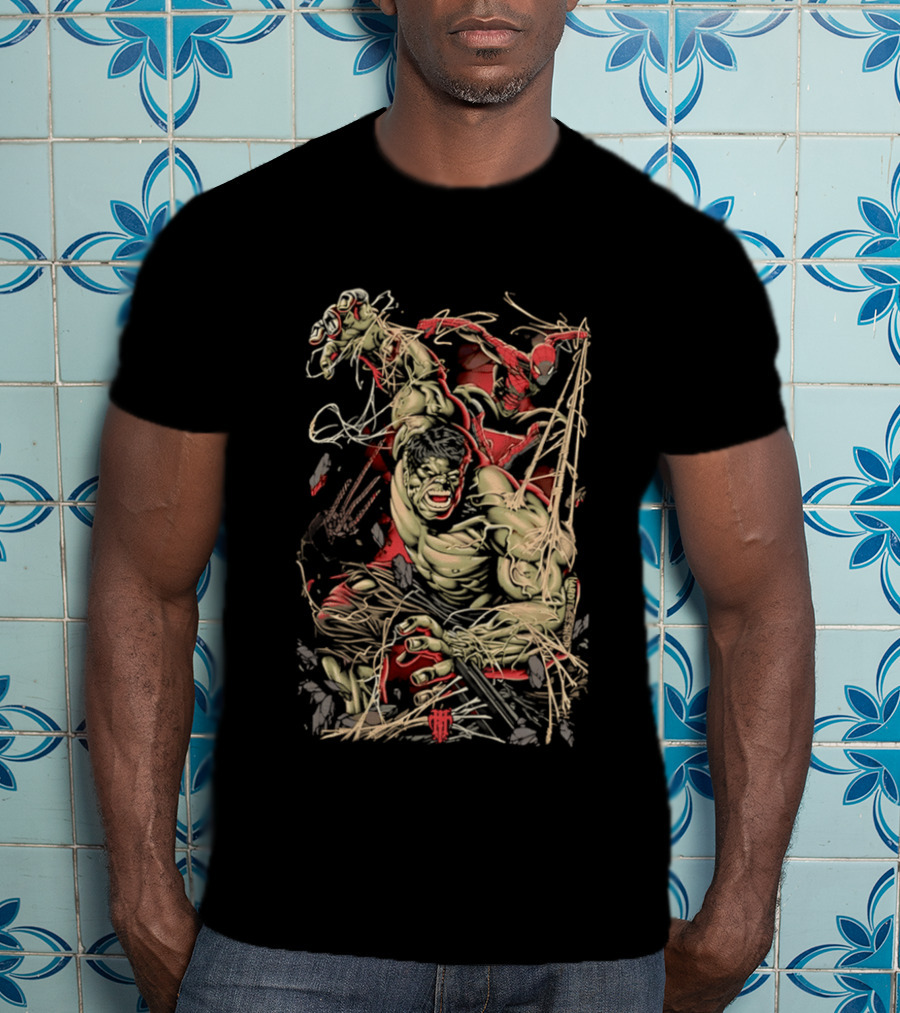 Marvel Hulk Spider Man Dynamic Action Scene T-Shirt