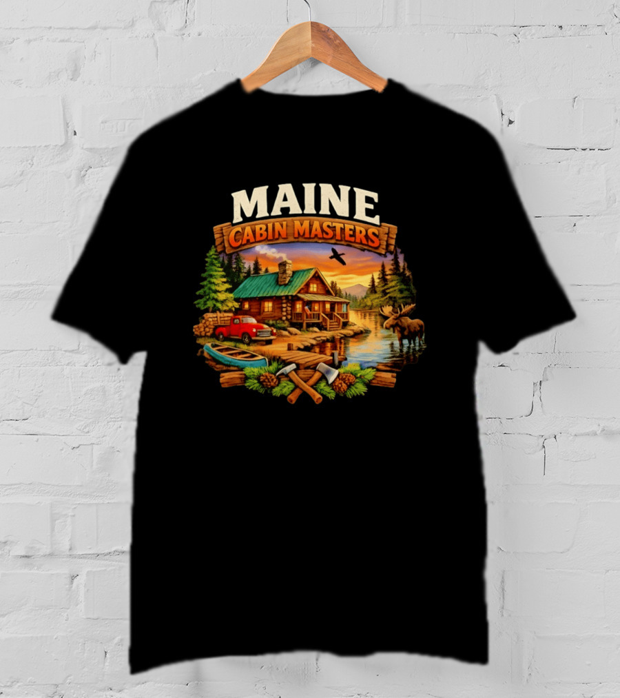 Maine Cabin Masters Rustic Wilderness Scene With Moose And Red Truck T-Shirt