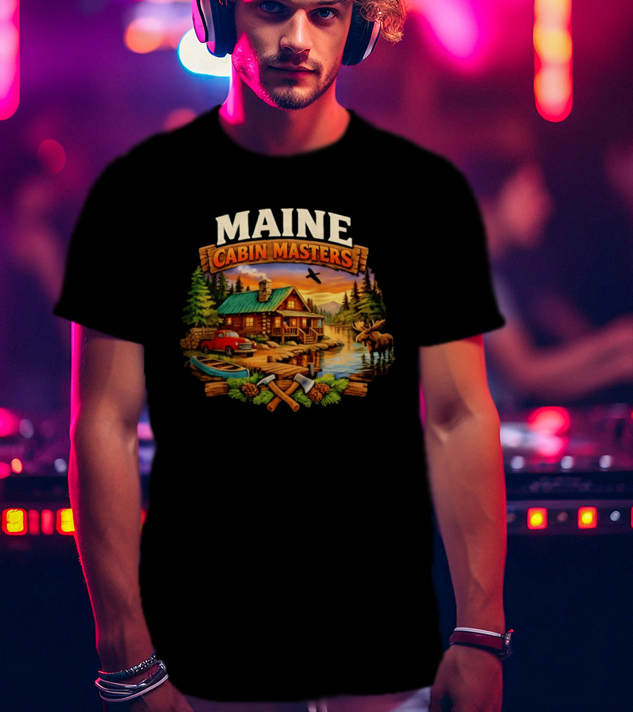 Maine Cabin Masters Rustic Wilderness Scene With Moose And Red Truck T-Shirt