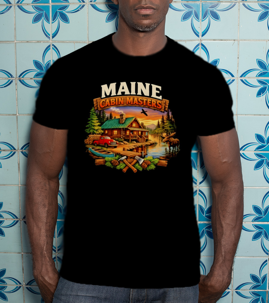 Maine Cabin Masters Rustic Wilderness Scene With Moose And Red Truck T-Shirt