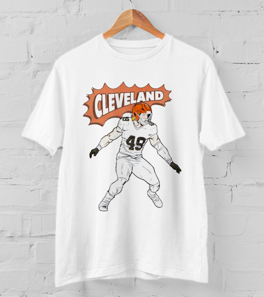 Cleveland Football Comic Style 2026 Player 49 Iconic Helmet T-Shirt