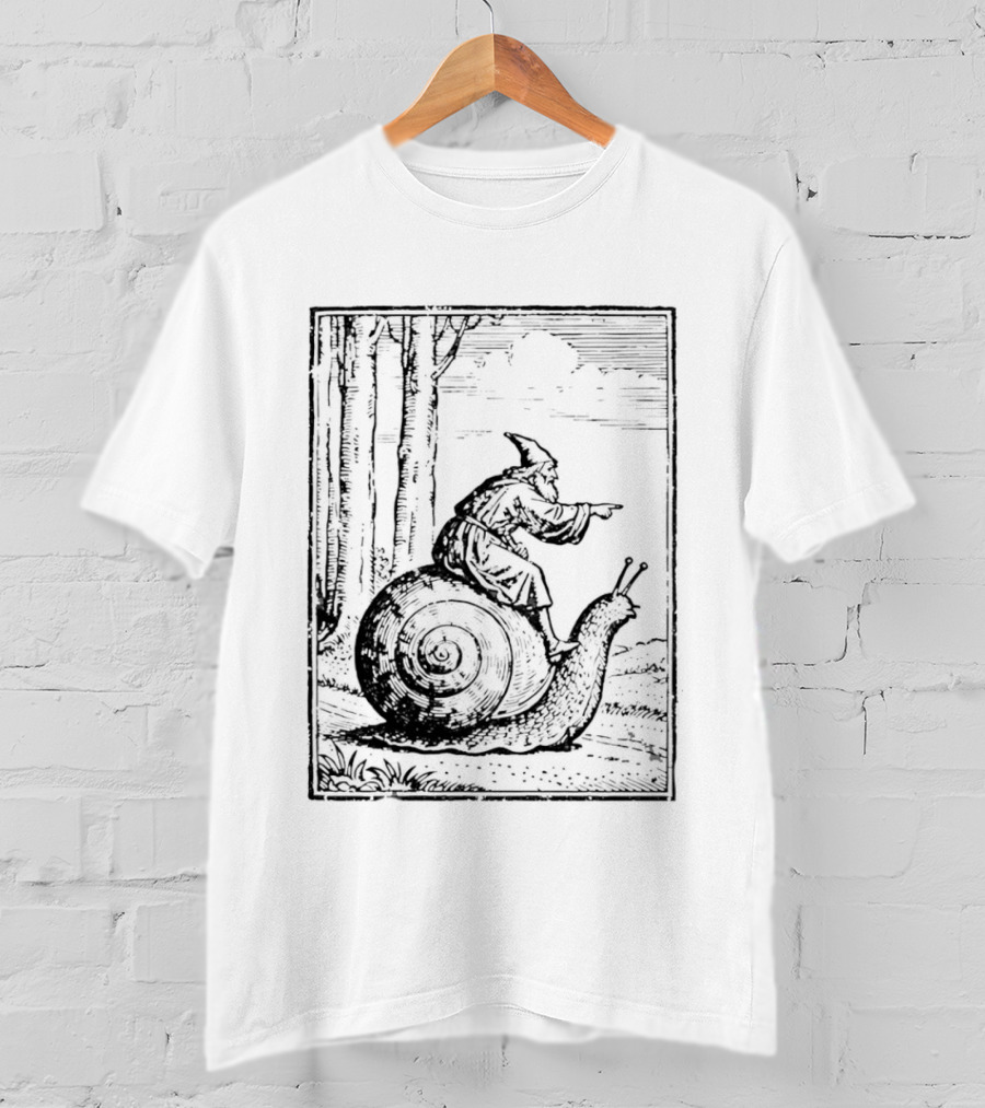 Medieval Snail Rider Wizard Woodcut Fantasy Enchantment T-Shirt