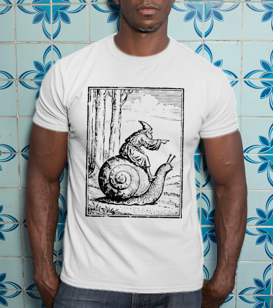 Medieval Snail Rider Wizard Woodcut Fantasy Enchantment T-Shirt