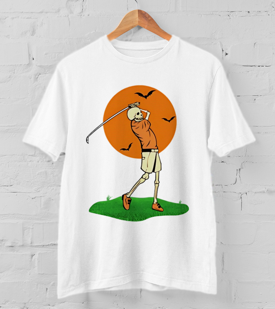 Skeleton Golfer At Sunset With Flying Bats T-Shirt