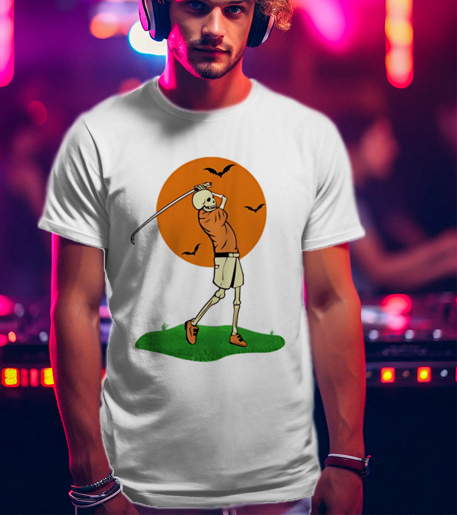 Skeleton Golfer At Sunset With Flying Bats T-Shirt