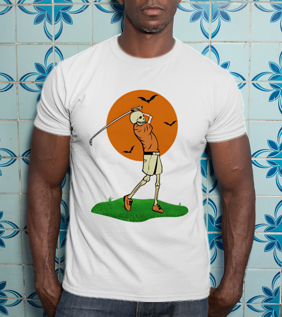 Skeleton Golfer At Sunset With Flying Bats T-Shirt