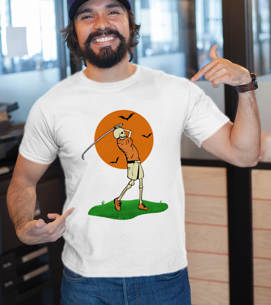Skeleton Golfer At Sunset With Flying Bats T-Shirt