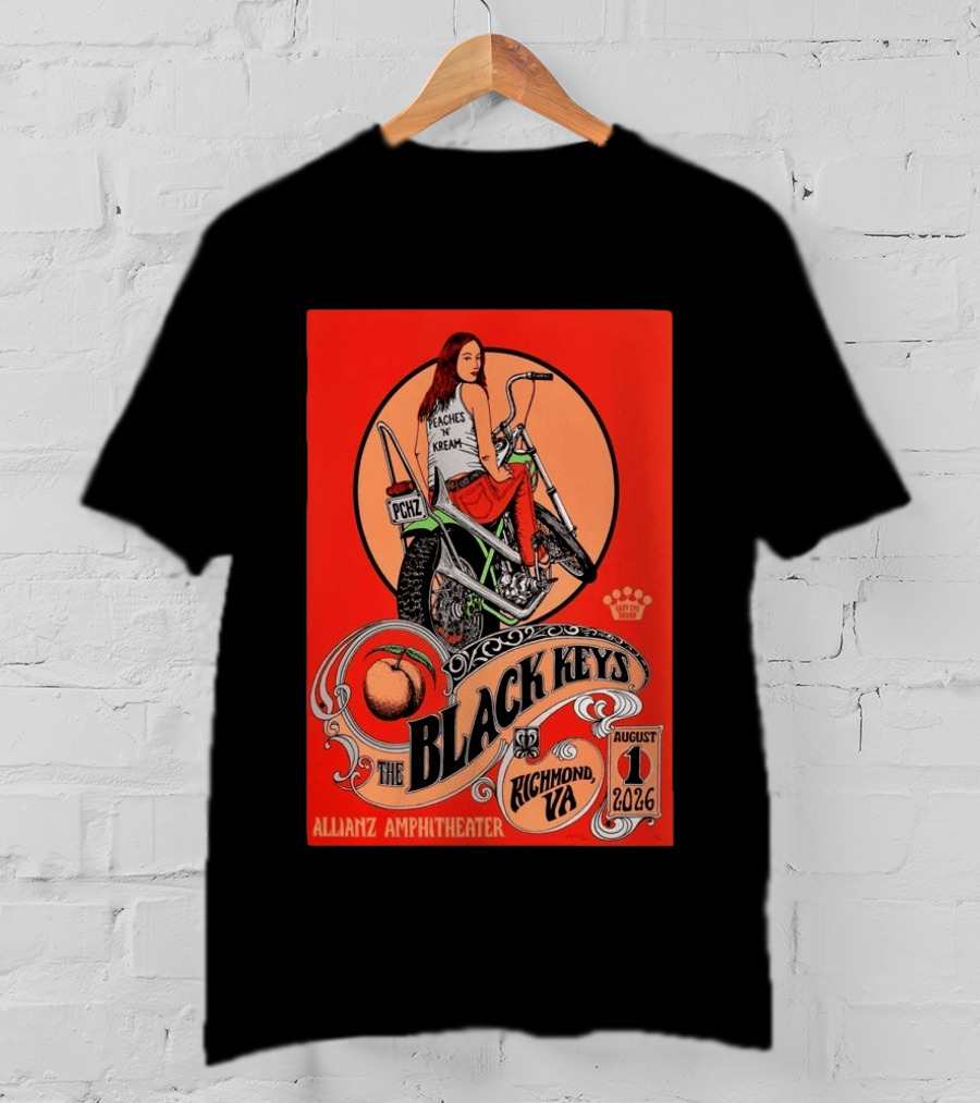 The Black Keys Allianz Amphitheater Richmond VA August 1 2026 Peaches N Kream Motorcycle T-Shirt