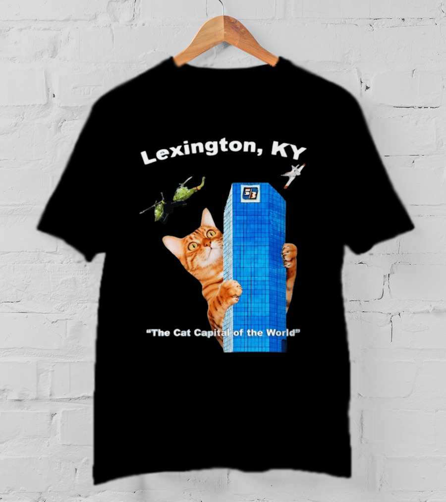 Lexington KY The Cat Capital Of The World Funny Cat With Building And Helicopter T-Shirt