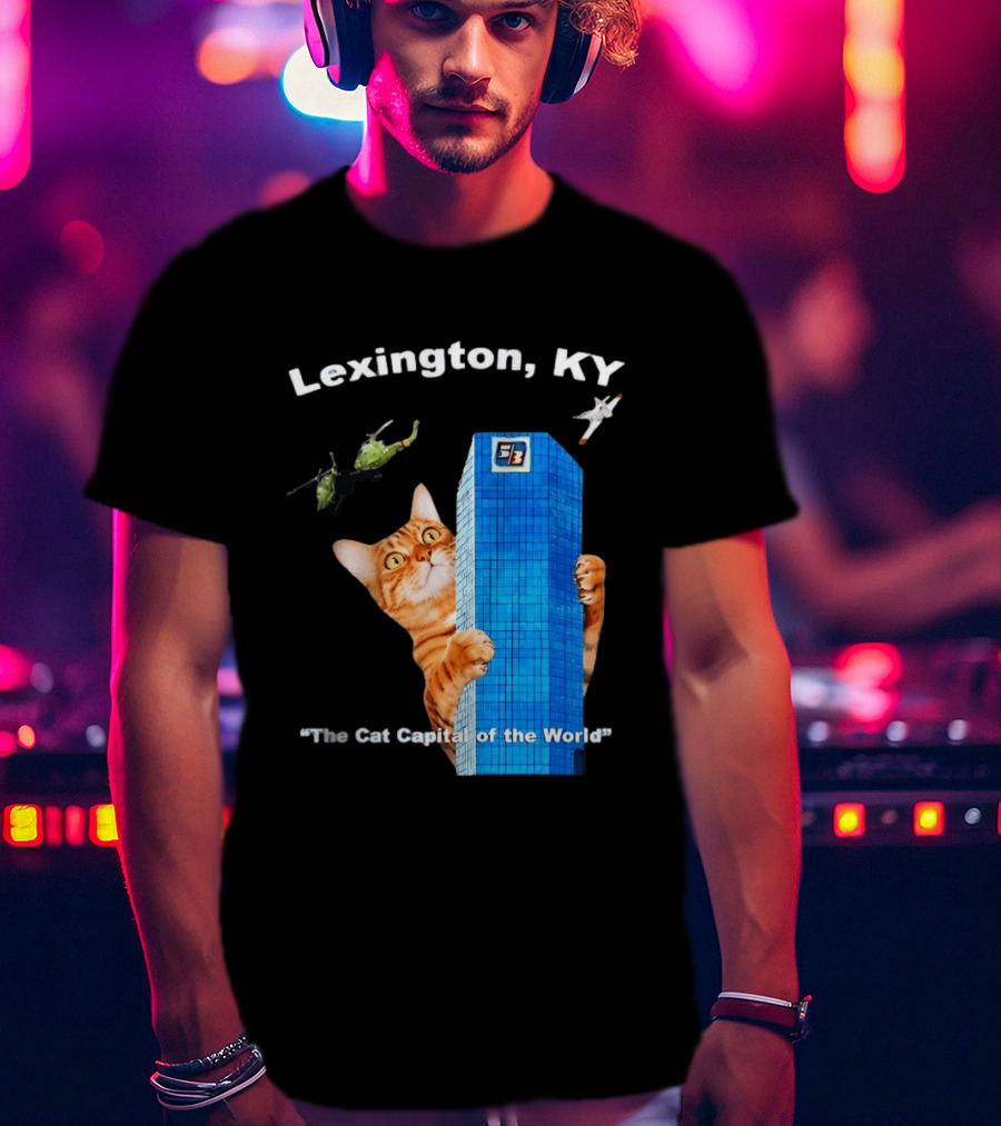 Lexington KY The Cat Capital Of The World Funny Cat With Building And Helicopter T-Shirt