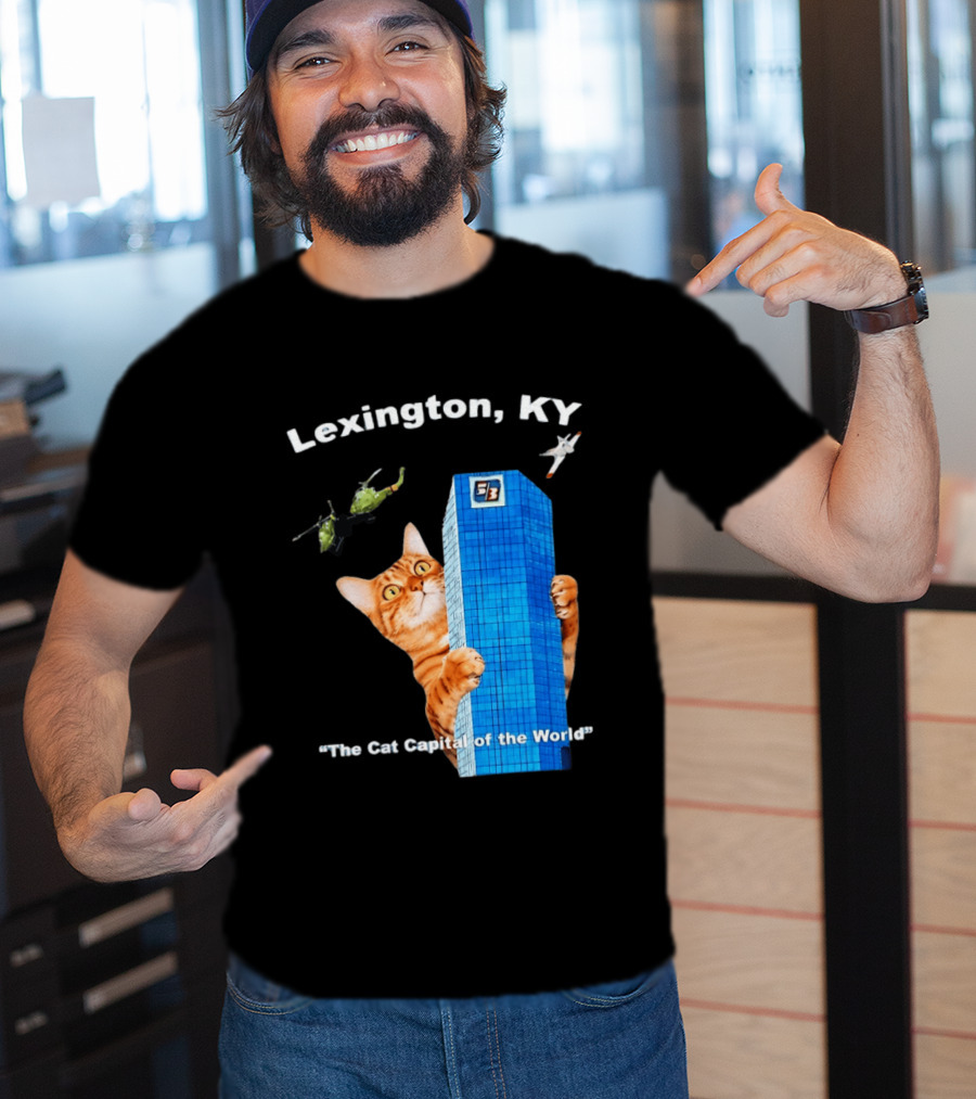 Lexington KY The Cat Capital Of The World Funny Cat With Building And Helicopter T-Shirt